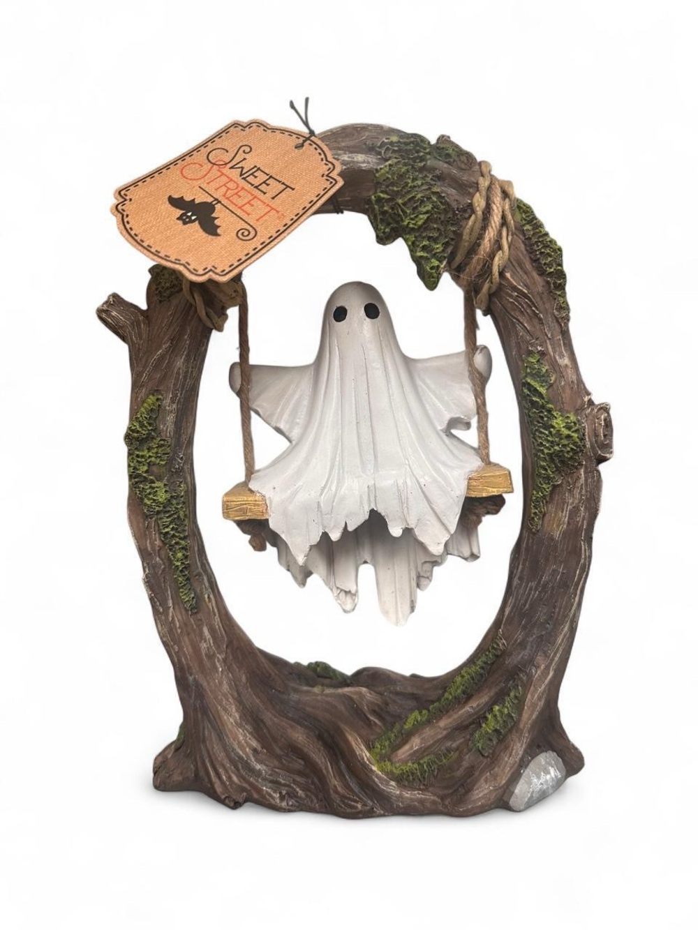 Halloween Ghost on Swing Figurine - White Ghost, Brown Tree
